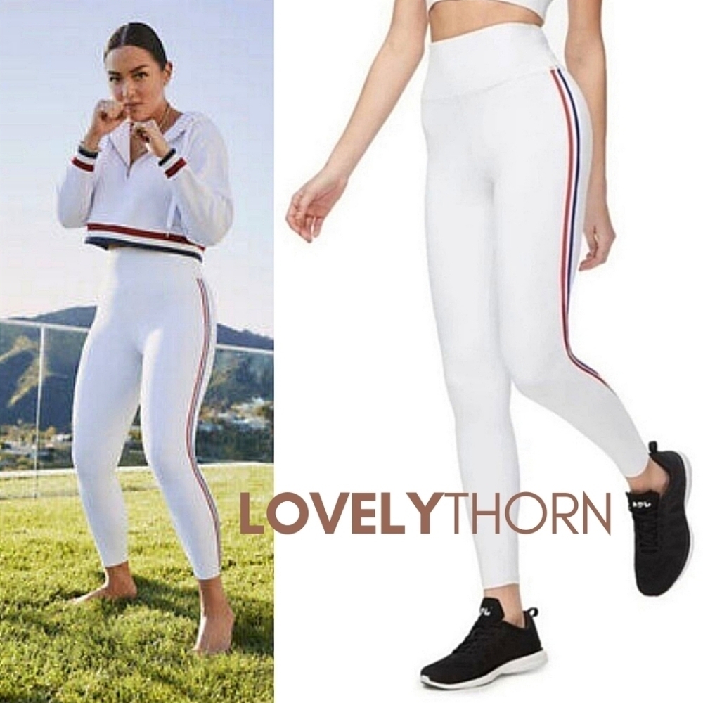 GOOD AMERICAN // white high rise 7/8 leggings red & blue side stripes